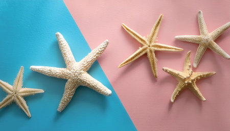 Beautiful sea stars or starfish, isolated on a soft blue and Pink Pastelの写真素材