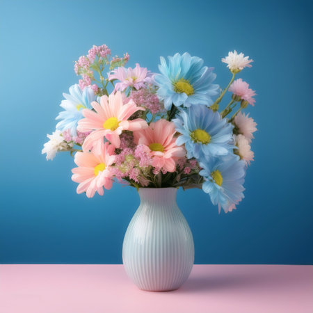 Fresh flowers in a simple vase, isolated on a soft blue and Pink Pastelの写真素材