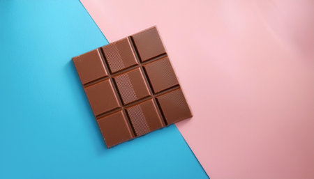 Milk chocolate pieces, isolated on a soft blue and Pink Pastelの写真素材
