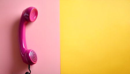 Magenta telephone handset, isolated on a Yellow and Pink Pastel Backgroundの写真素材