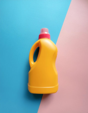 Laundry Detergent yellow, orange Plastic Bottle for Mock-up, isolated on a Soft blue and Pink Pastelの写真素材