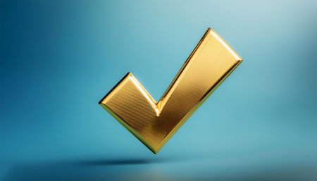 A shiny gold tick mark, often symbolizing confirmation or correct choice floating or flying isolated on light blue backgroundの写真素材