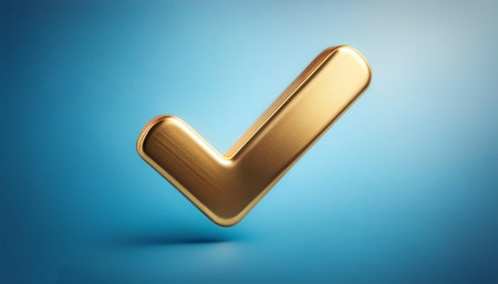 A shiny gold tick mark, often symbolizing confirmation or correct choice floating or flying isolated on light blue backgroundの写真素材