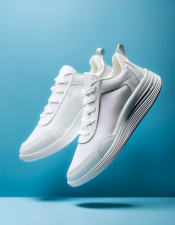 white sneakers with a minimalist design floating or flying isolated on light blue backgroundの写真素材