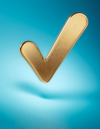 A shiny gold tick mark, often symbolizing confirmation or correct choice floating or flying isolated on light blue backgroundの写真素材