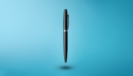 Pen floating or flying isolated on light blue backgroundの写真素材