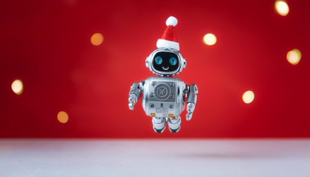 Ai robot celebrating Christmas floating or flying isolated on Clean Red backgroundの写真素材