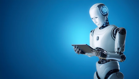 AI Robot using tablet floating or flying isolated on light blue backgroundの写真素材