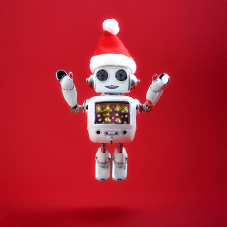 Ai robot celebrating Christmas floating or flying isolated on Clean Red backgroundの写真素材
