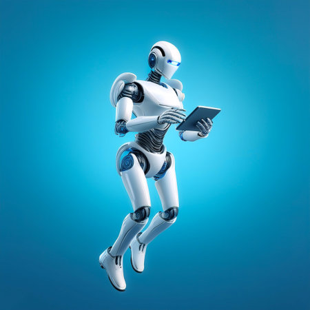 AI Robot using tablet floating or flying isolated on light blue backgroundの写真素材