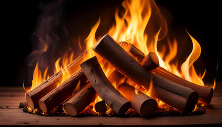 Campfire isolated. Closeup of a pile of firewood burning with orange and yellow flamesの写真素材