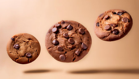 Chocolate cookies floating or flying isolated on biege backgroundの写真素材