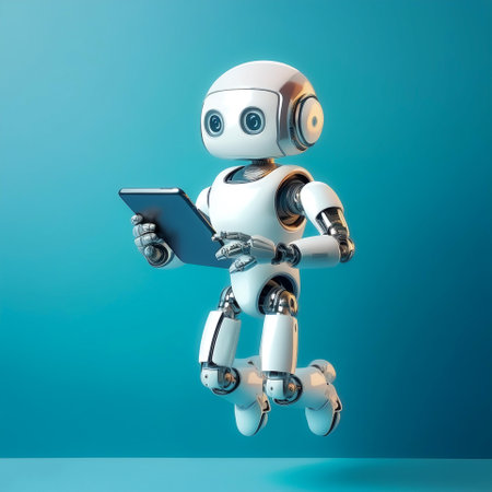 AI Robot using tablet floating or flying isolated on light blue backgroundの写真素材