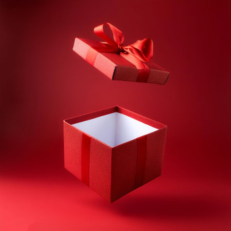 Christmas Red kraft paper gift box with red ribbonの写真素材