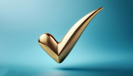 A shiny gold tick mark, often symbolizing confirmation or correct choice floating or flying isolated on light blue backgroundの写真素材