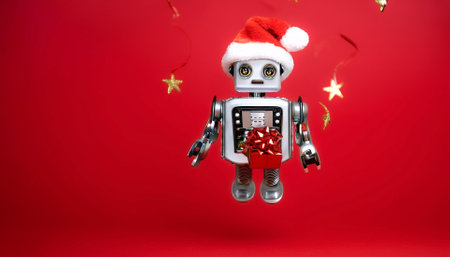 Ai robot celebrating Christmas floating or flying isolated on Clean Red backgroundの写真素材
