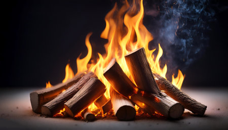 Campfire isolated. Closeup of a pile of firewood burning with orange and yellow flamesの写真素材