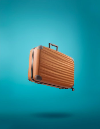 Classic suitcase floating or flying isolated on light blue backgroundの写真素材