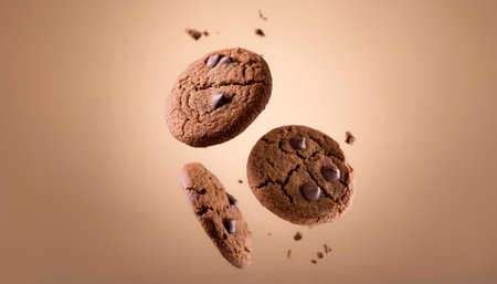 Chocolate cookies floating or flying isolated on biege backgroundの写真素材