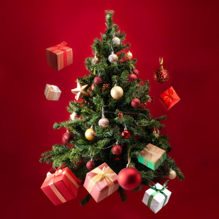 Christmas tree with colorful decorations with Christmas gifts floating or flying isolated on Clean Red backgroundの写真素材