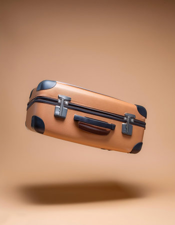 Classic suitcase floating or flying isolated on biege backgroundの写真素材