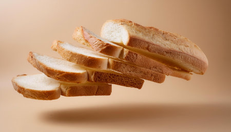 Delicious bread slices floating or flying isolated on biege backgroundの写真素材
