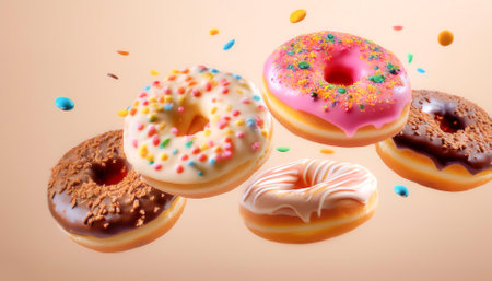 Donuts with colorful toppings floating or flying isolated on biege backgroundの写真素材