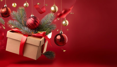 Christmas Red kraft paper gift box with red ribbon, with red and gold ornaments, pine branches, and ribbons floating or flying isolated on Clean Red backgroundの写真素材