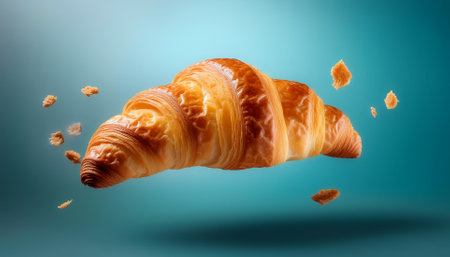 Croissant floating or flying isolated on biege backgroundの写真素材