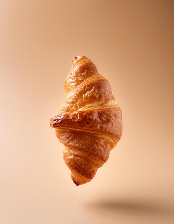 Croissant floating or flying isolated on biege backgroundの写真素材