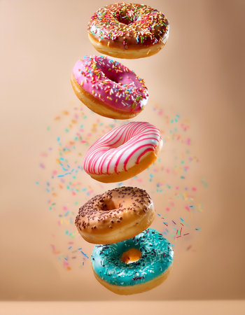 Donuts with colorful toppings floating or flying isolated on beige backgroundの写真素材