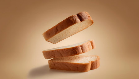 Delicious bread slices floating or flying isolated on biege backgroundの写真素材
