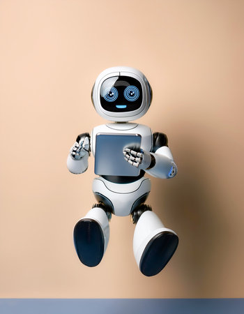 AI robot using tablet floating or flying isolated on biege backgroundの写真素材