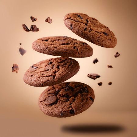 Chocolate cookies floating or flying isolated on biege backgroundの写真素材