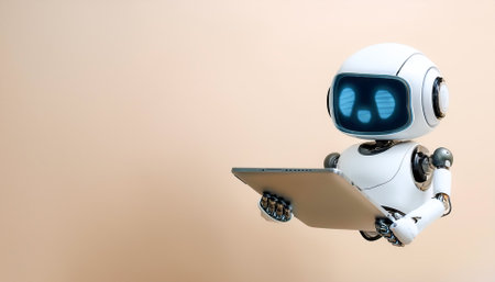 AI robot using tablet floating or flying isolated on biege backgroundの写真素材