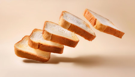 Delicious bread slices floating or flying isolated on biege backgroundの写真素材