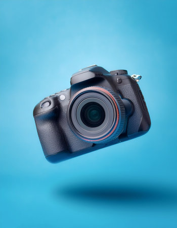 DSLR Camera with blank logo floating or flying isolated on light blue backgroundの写真素材