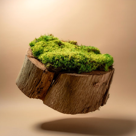 Green moss on tree rotten stump floating or flying isolated on biege backgroundの写真素材