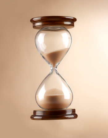 Hourglass sandglass floating or flying isolated on biege backgroundの写真素材
