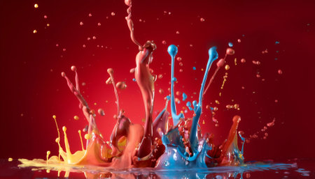 Colorful paint splashes blending in mid air floating or flying isolated on Clean Red backgroundの写真素材