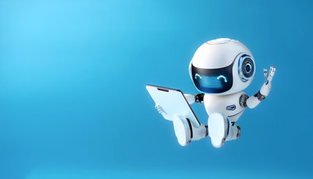 AI Robot using tablet floating or flying isolated on light blue backgroundの写真素材
