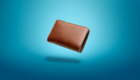 Leather wallet floating or flying isolated on light blue backgroundの写真素材