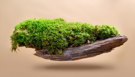 Green moss on tree rotten stump floating or flying isolated on biege backgroundの写真素材