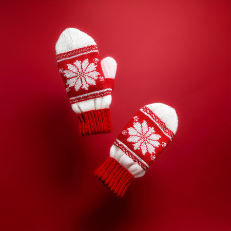 Pair of cozy knitted mittens in red and white, featuring a traditional snowflake pattern, perfect for winter warmth and festive Christmas wear floating or flying isolated on Clean Redの写真素材
