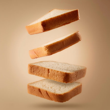 Delicious bread slices floating or flying isolated on biege backgroundの写真素材