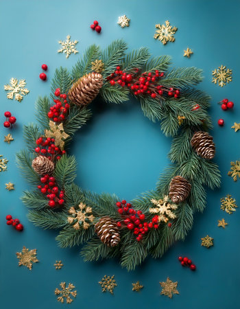 Festive Christmas wreath. Round frame made of conifer branches decorated with cones, artificial red berries and decorative gold snowflakesの写真素材