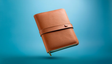 Leather notebook floating or flying isolated on light blue backgroundの写真素材