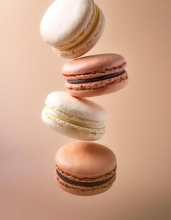 Macarons floating or flying isolated on biege backgroundの写真素材