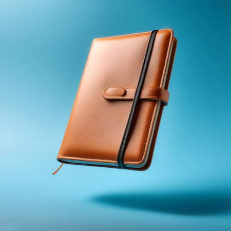 Leather notebook floating or flying isolated on light blue backgroundの写真素材
