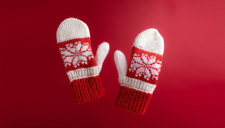 Pair of cozy knitted mittens in red and white, featuring a traditional snowflake pattern, perfect for winter warmth and festive Christmas wear floating or flying isolated on Clean Redの写真素材